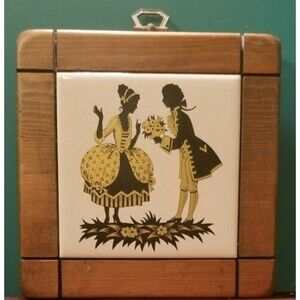 Vintage 1970's Colonial Couple Ceramic Tile & Wooden Trivet 6.25"x6.25"x.75